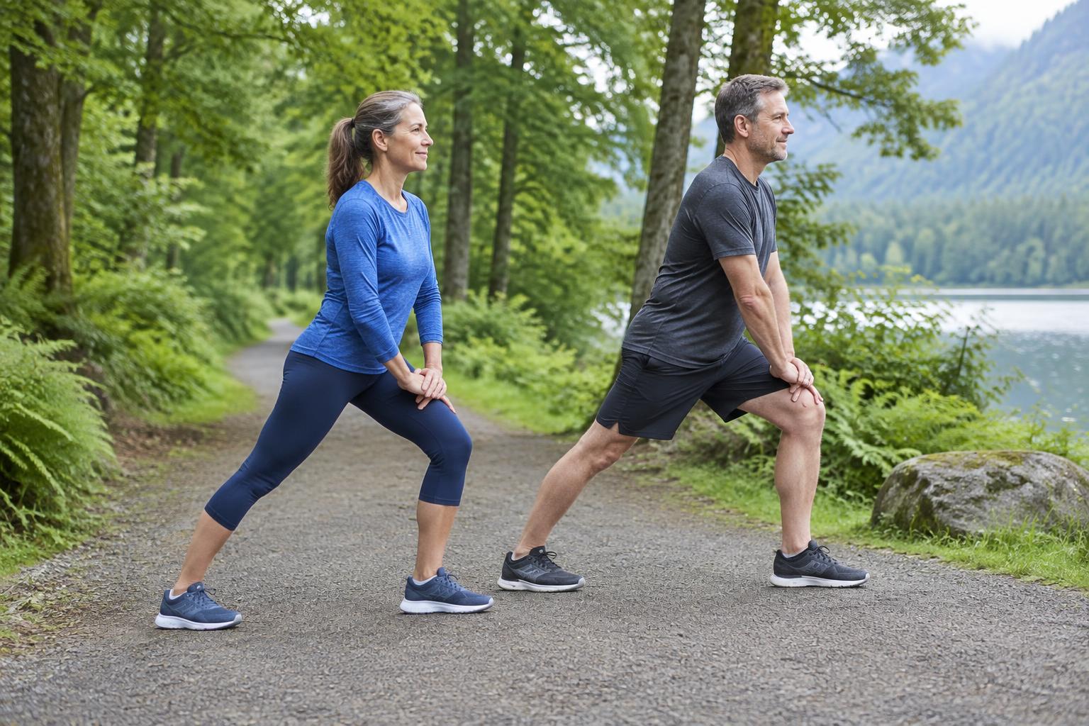 Two adults stretching outdoors on a tree-lined path