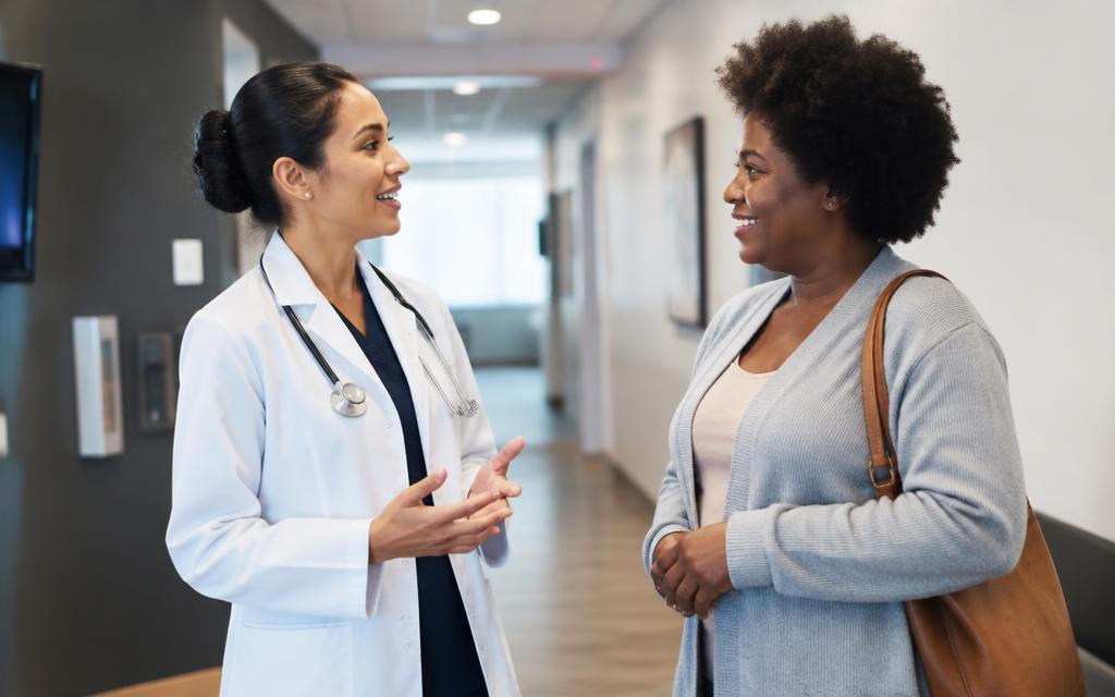 Doctor chatting warmly with a patient in the clinic hallway
