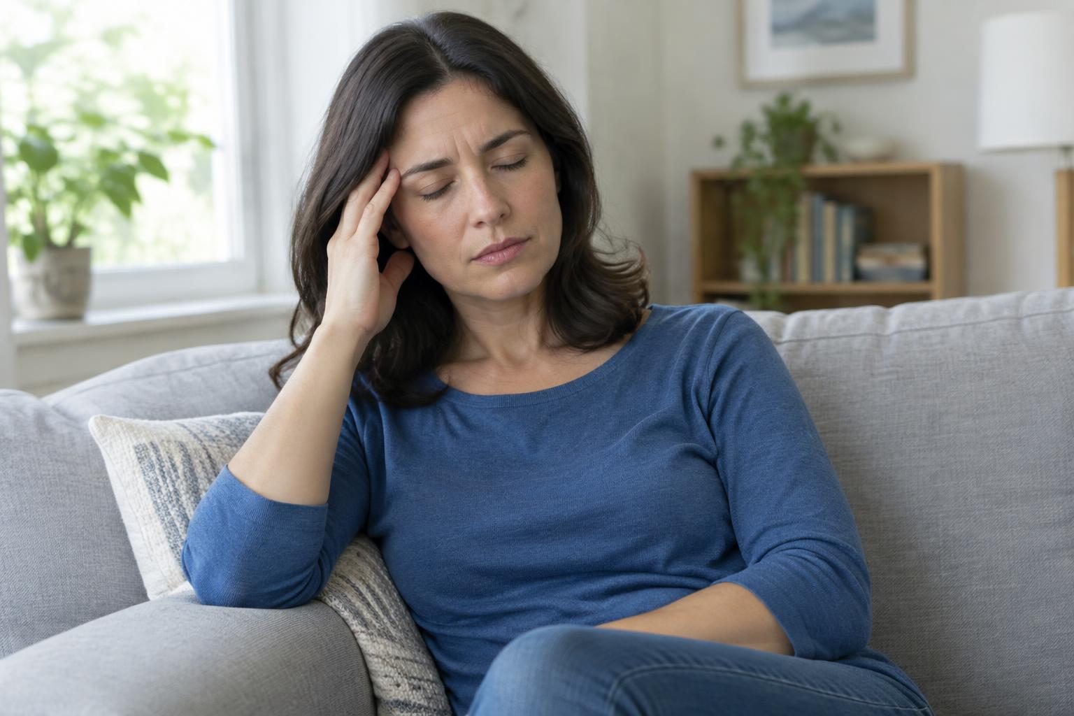 Woman resting with a hand against her temple during a headache