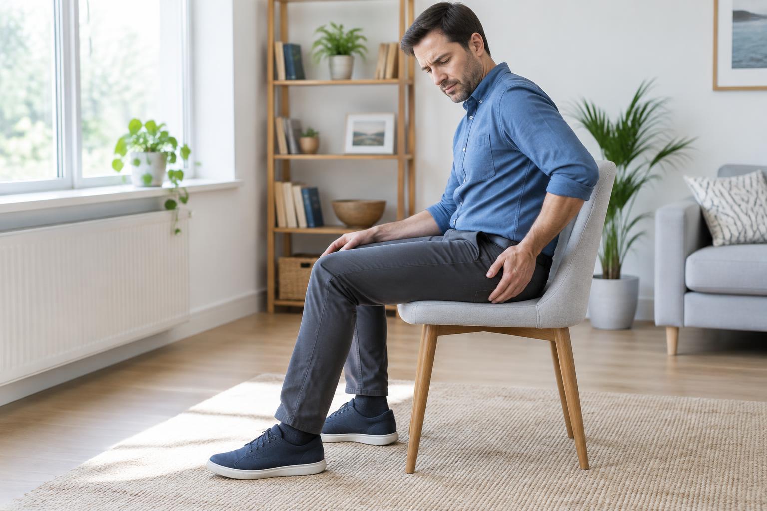 Seated adult indicating discomfort along the upper leg