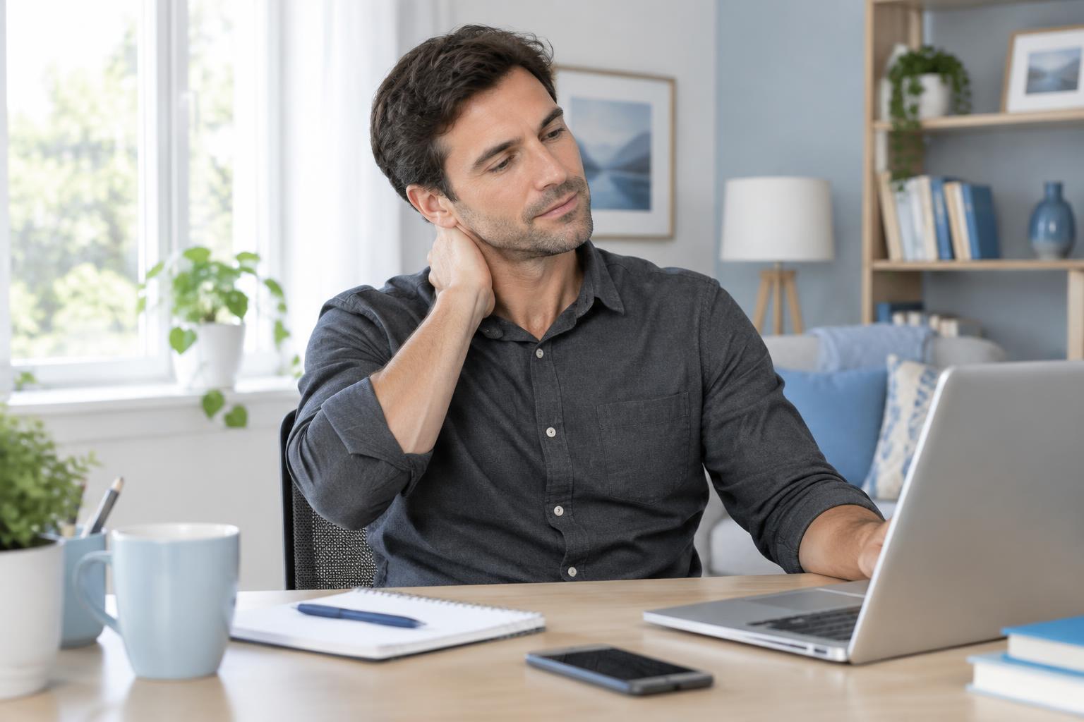 Adult taking a break from desk work with neck discomfort