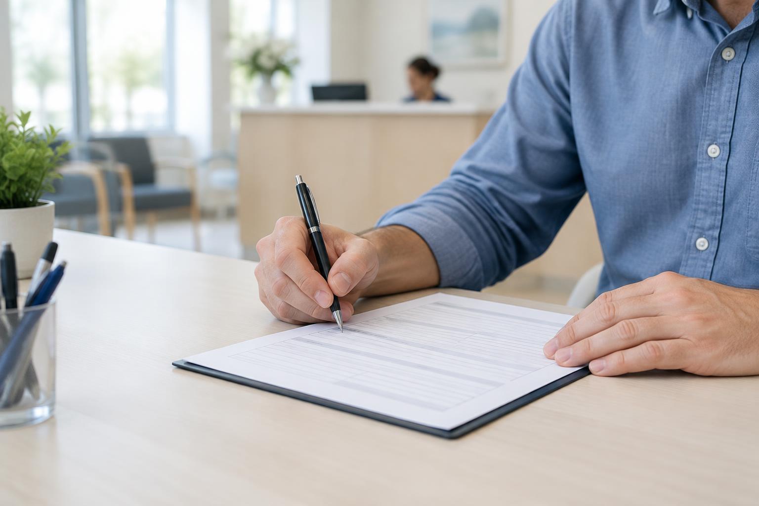 Patient preparing intake paperwork before an appointment