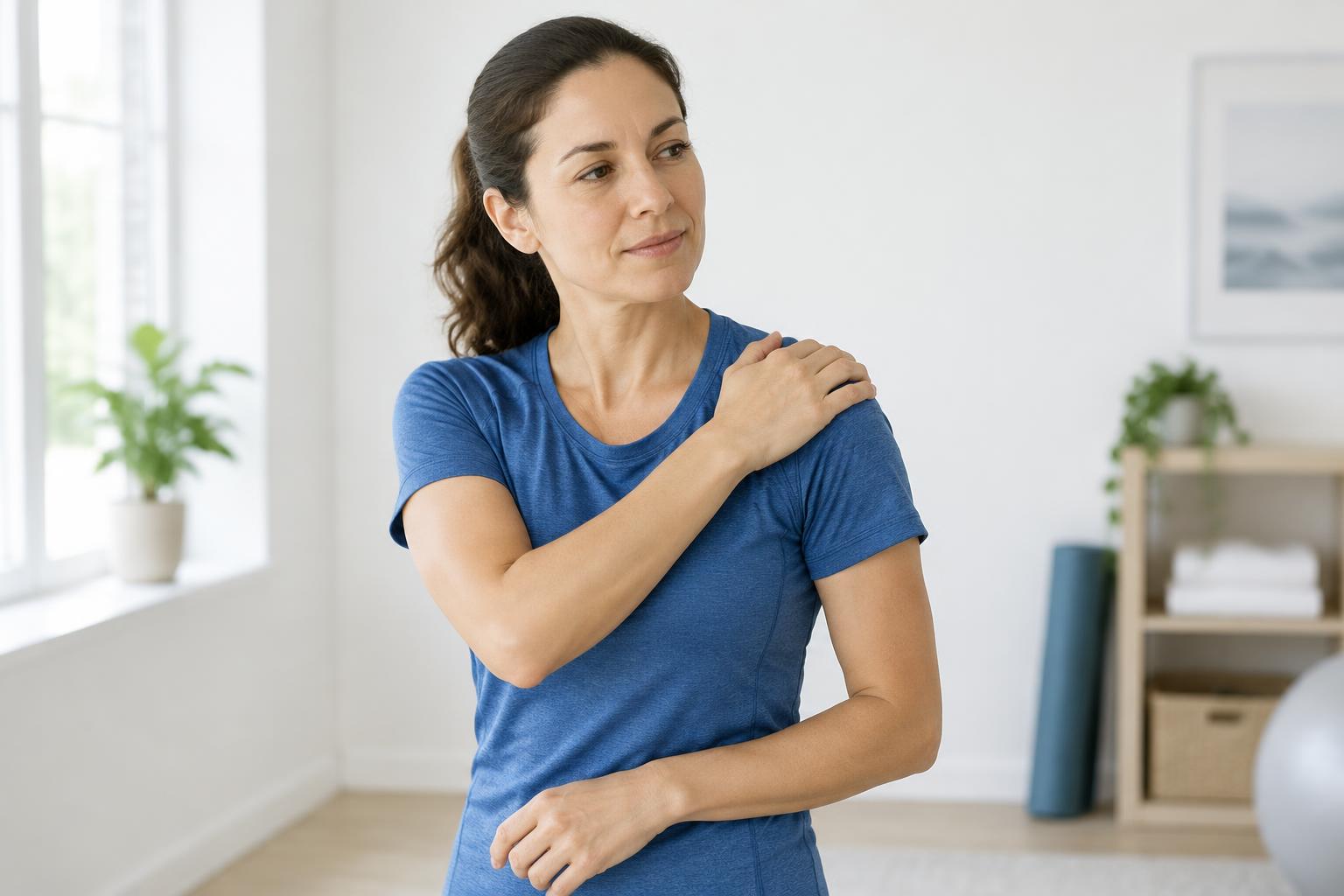Woman indicating discomfort in her shoulder