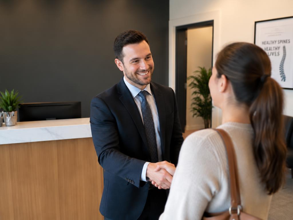 A warm greeting in the Symmetry Chiropractic reception area